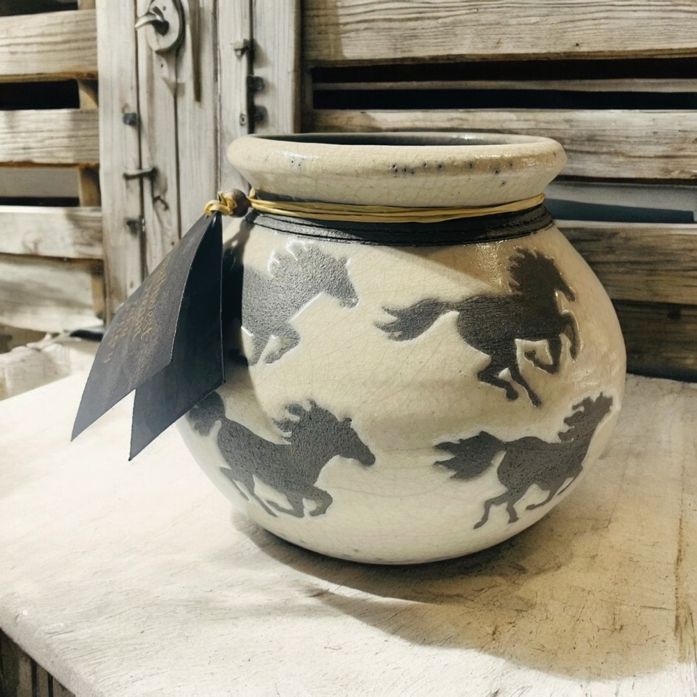 Southwest Dream Horses Raku Pottery Hand Thrown Vase Signed J Diller Artist